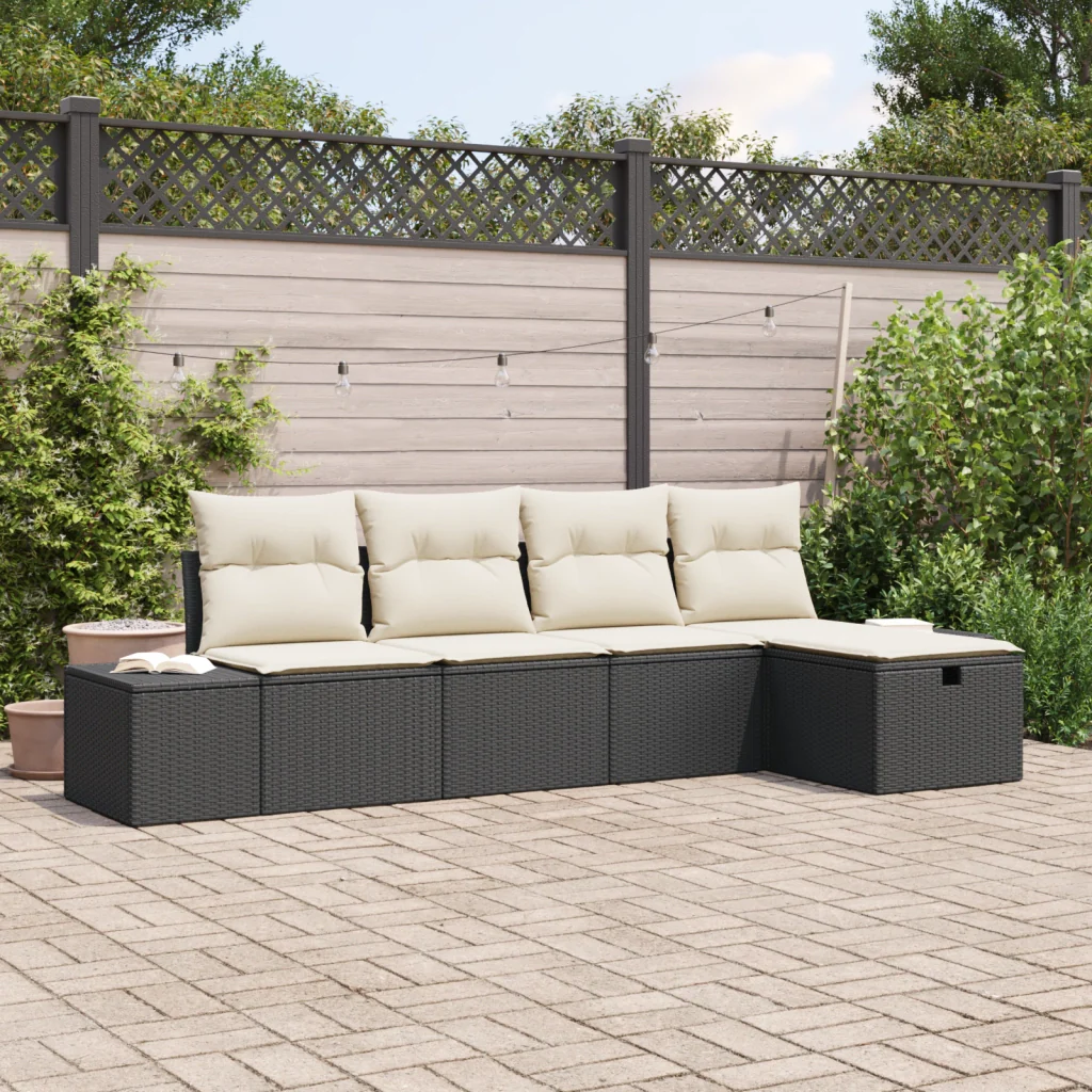 Set di Divani da Giardino da 5 Pezzi con Cuscini Nero Polyrattan