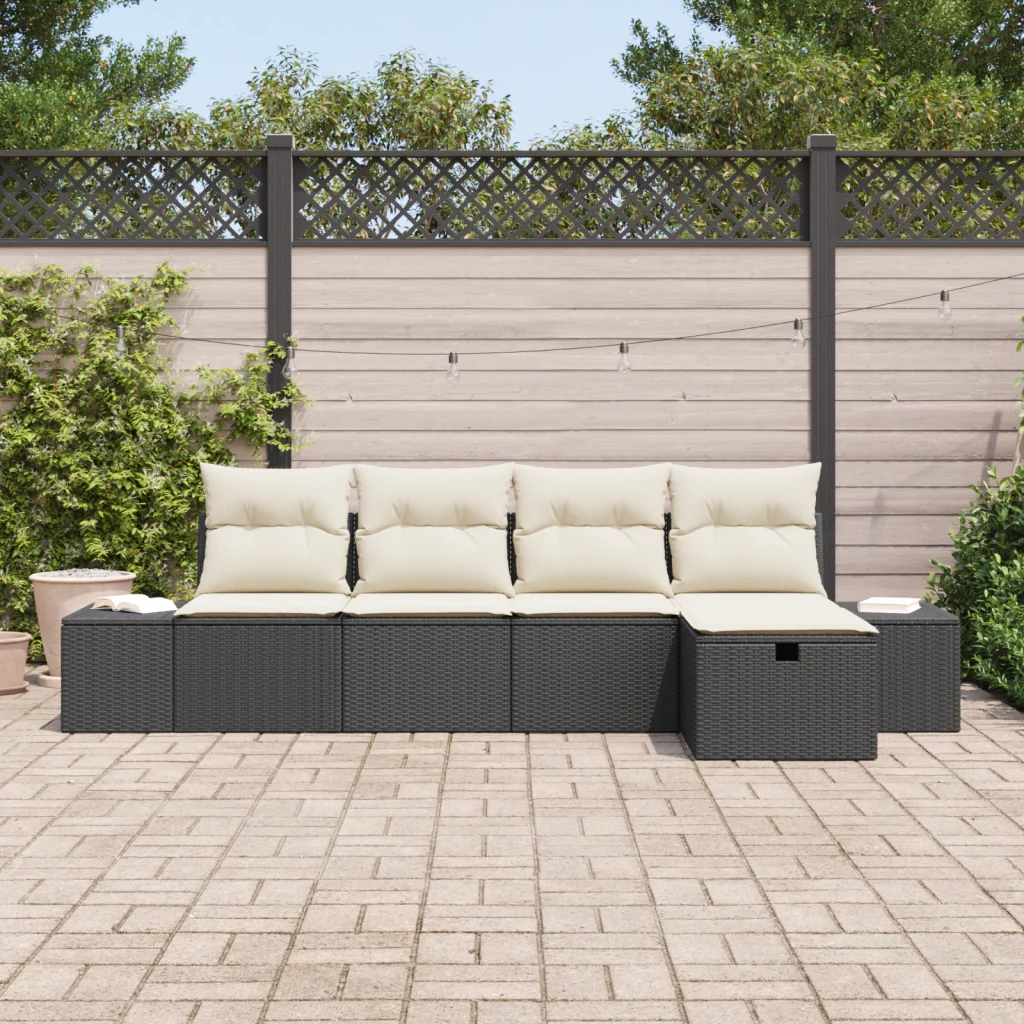 Set di Divani da Giardino da 5 Pezzi con Cuscini Nero Polyrattan - Image 3