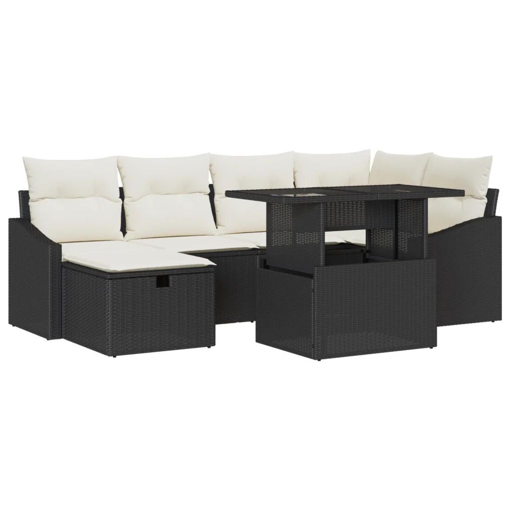 Set di divani da giardino da 7 pezzi con cuscini in polyrattan nero - Image 2