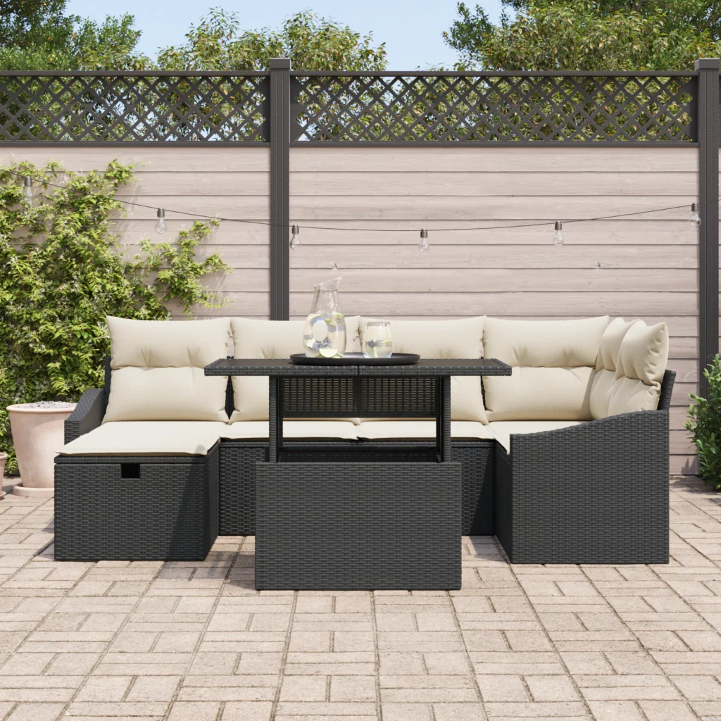 Set di divani da giardino da 7 pezzi con cuscini in polyrattan nero - Image 3