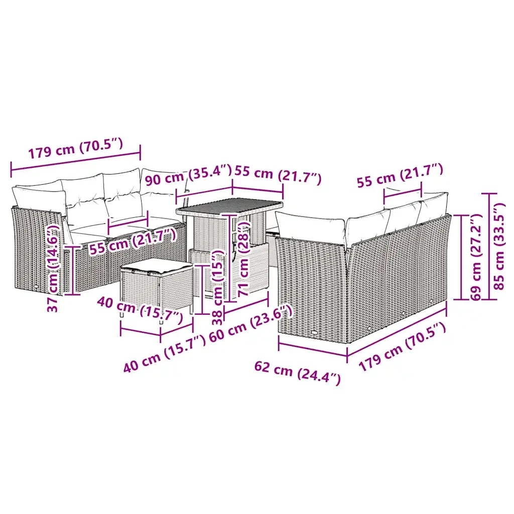 Set Divano da Giardino 9 pcs Grigio polyrattan 3361443 - Image 9