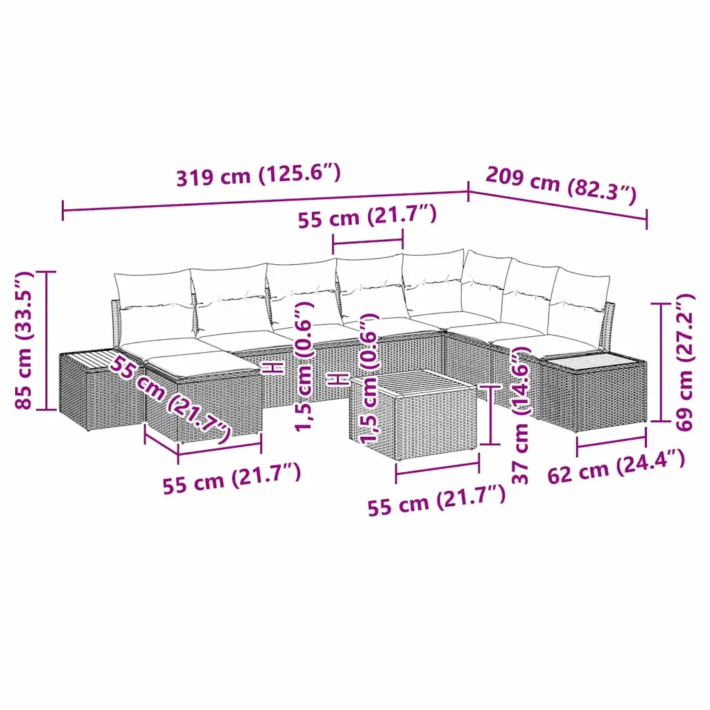Set Divano da Giardino con cuscino 9 pcs Grigio Poly Rattan 3348150 - Image 10