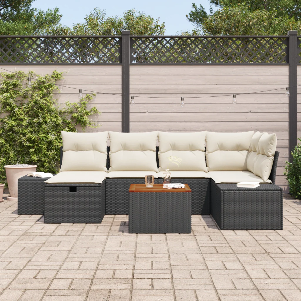 Set di divani da giardino in 7 pezzi con cuscini in polyrattan nero - Image 3