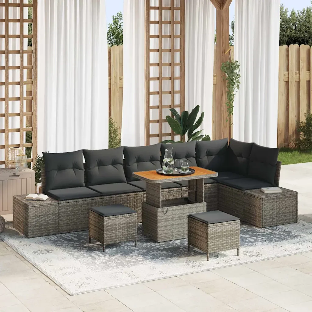 Set Divano da Giardino con cuscino 9 pcs Grigio Poly Rattan 3364758