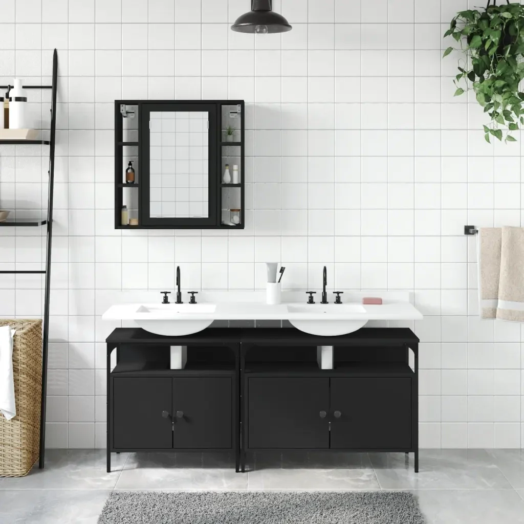 Set di Mobili da Bagno 3 pz Nero in Legno Multistrato 3214725 - Image 3