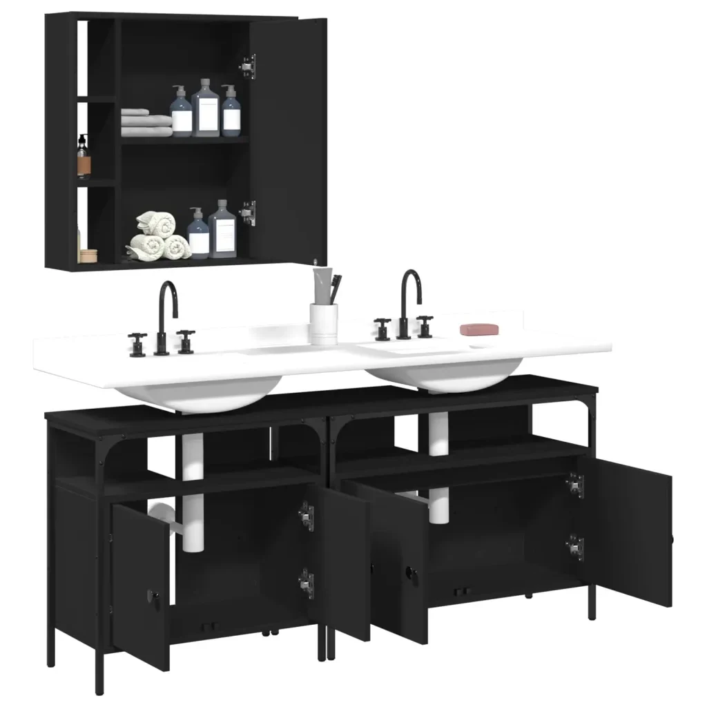 Set di Mobili da Bagno 3 pz Nero in Legno Multistrato 3214725 - Image 4