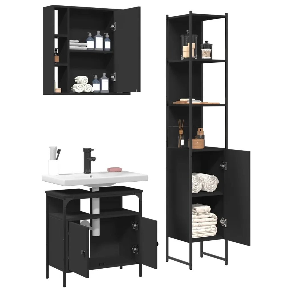Set di Mobili da Bagno 3 pz Nero in Legno Multistrato 3214735 - Image 4