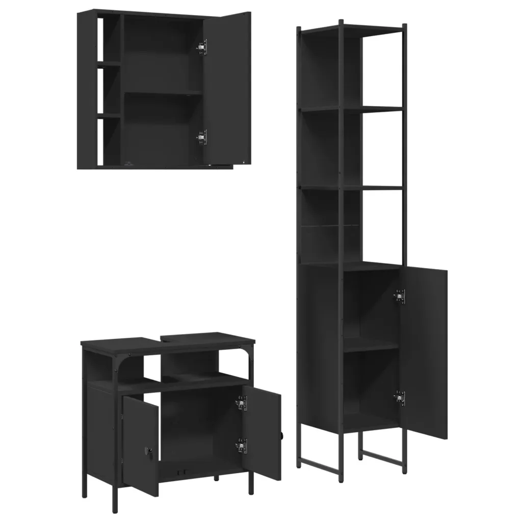 Set di Mobili da Bagno 3 pz Nero in Legno Multistrato 3214735 - Image 5
