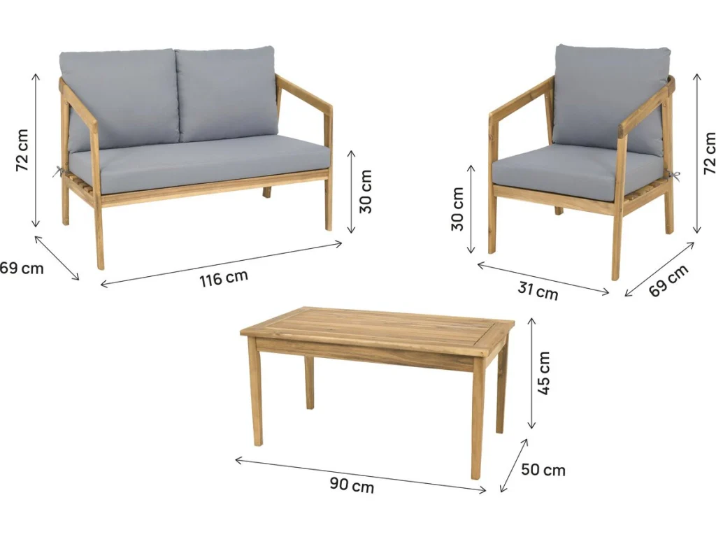 Set di mobili da giardino in legno "Presley" con cuscini - 4 posti - Grigio - Image 3
