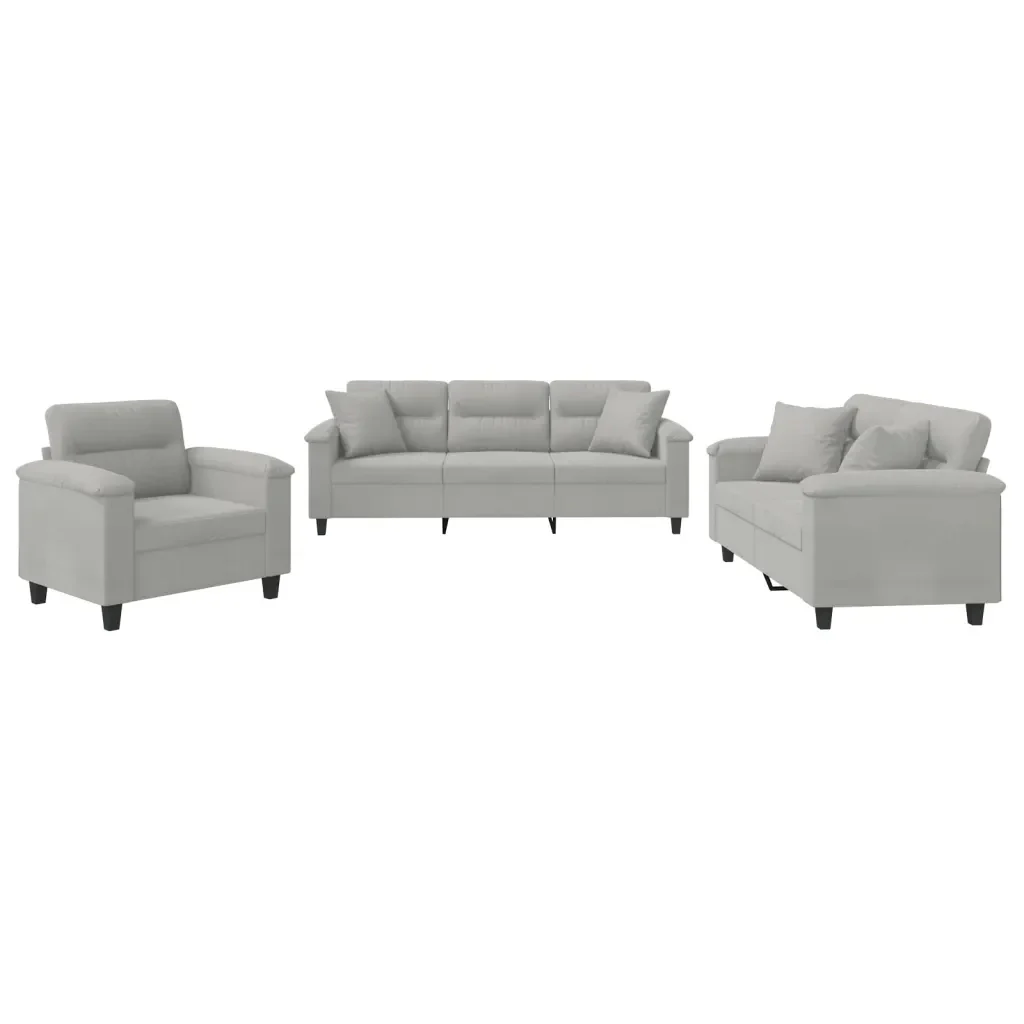 Set Divani 3 pz con Cuscini Grigio Chiaro in Tessuto Microfibra - Image 2