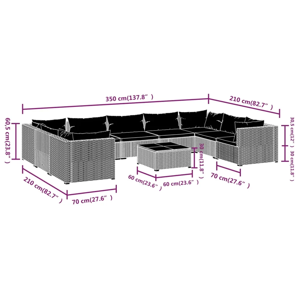 Set Divani da Giardino 10 pz con Cuscini in Polyrattan Nero 3101977 - Image 9