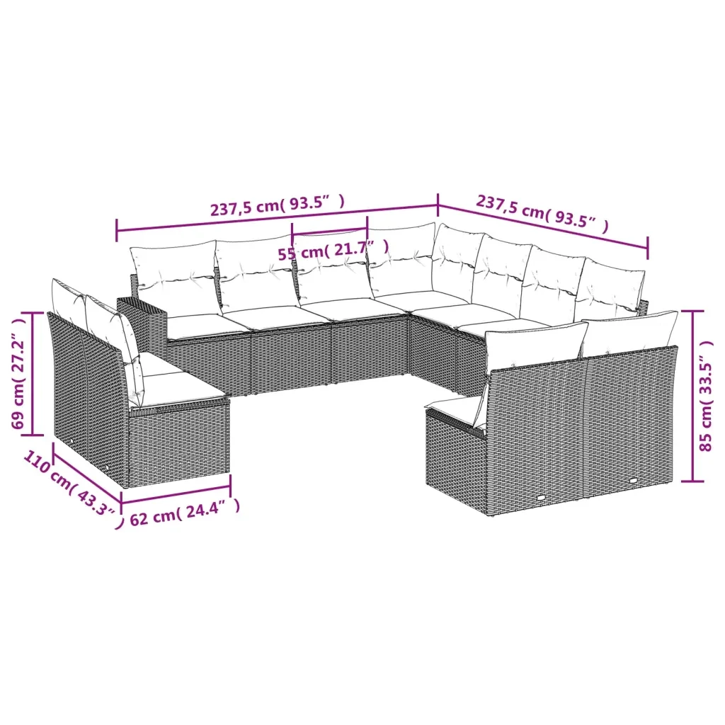 Set Divani da Giardino 11 pz con Cuscini in Polyrattan Grigio 3219120 - Image 3