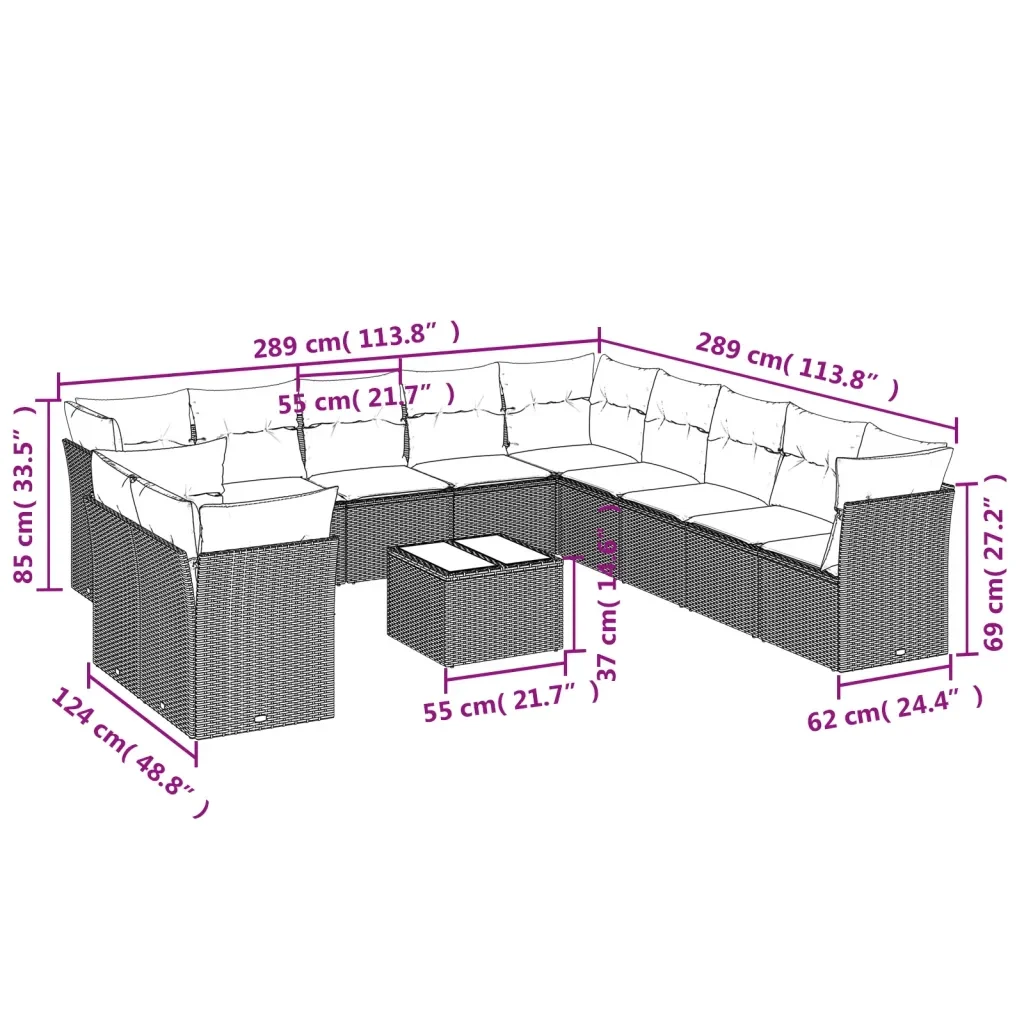 Set Divani da Giardino 12 pz con Cuscini Grigio in Polyrattan 3217890 - Image 3