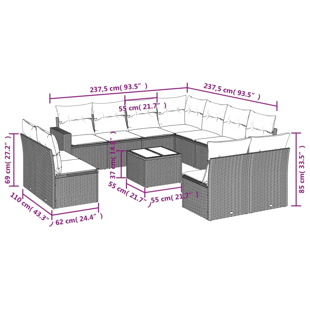 Set Divani da Giardino 12 pz con Cuscini Grigio in Polyrattan 3219130 - Image 3