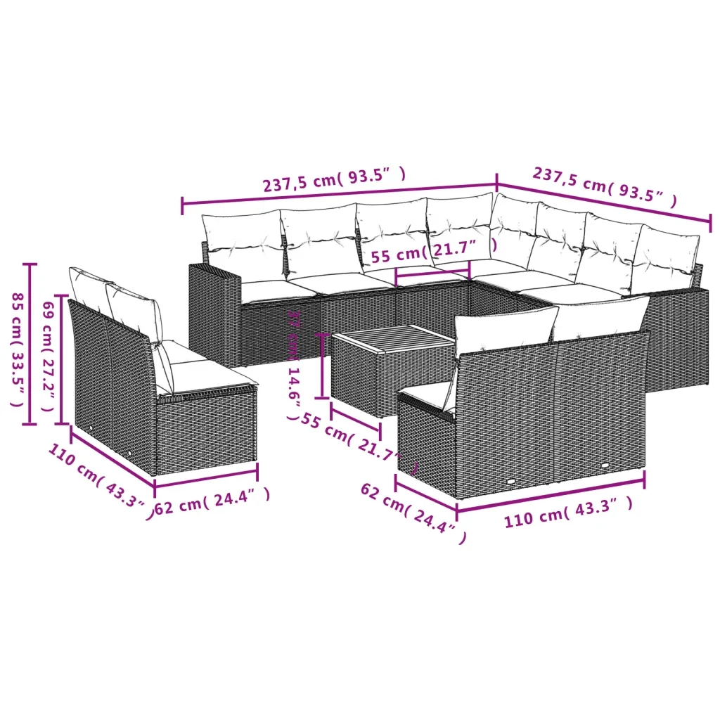 Set Divani da Giardino 12 pz con Cuscini Grigio in Polyrattan 3224184 - Image 3