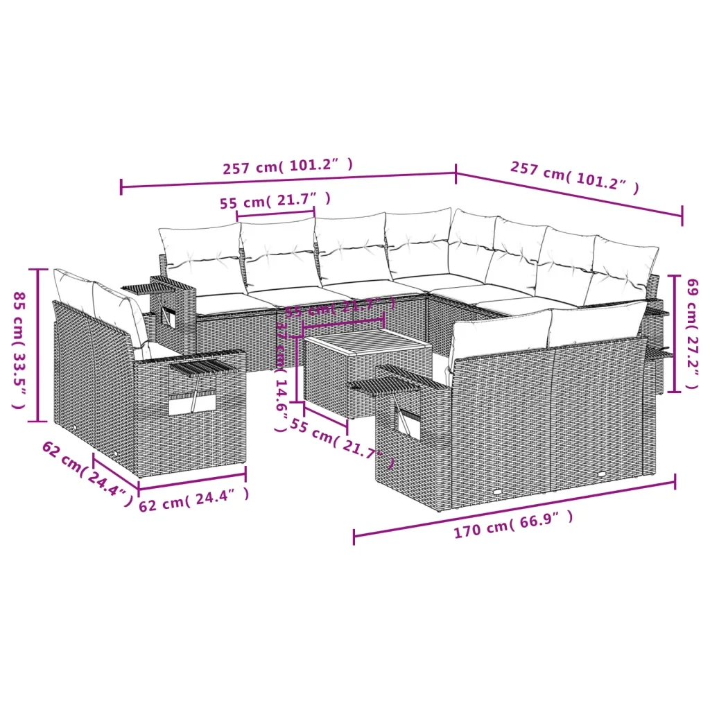 Set Divani da Giardino 12 pz con Cuscini Grigio in Polyrattan 3224828 - Image 9