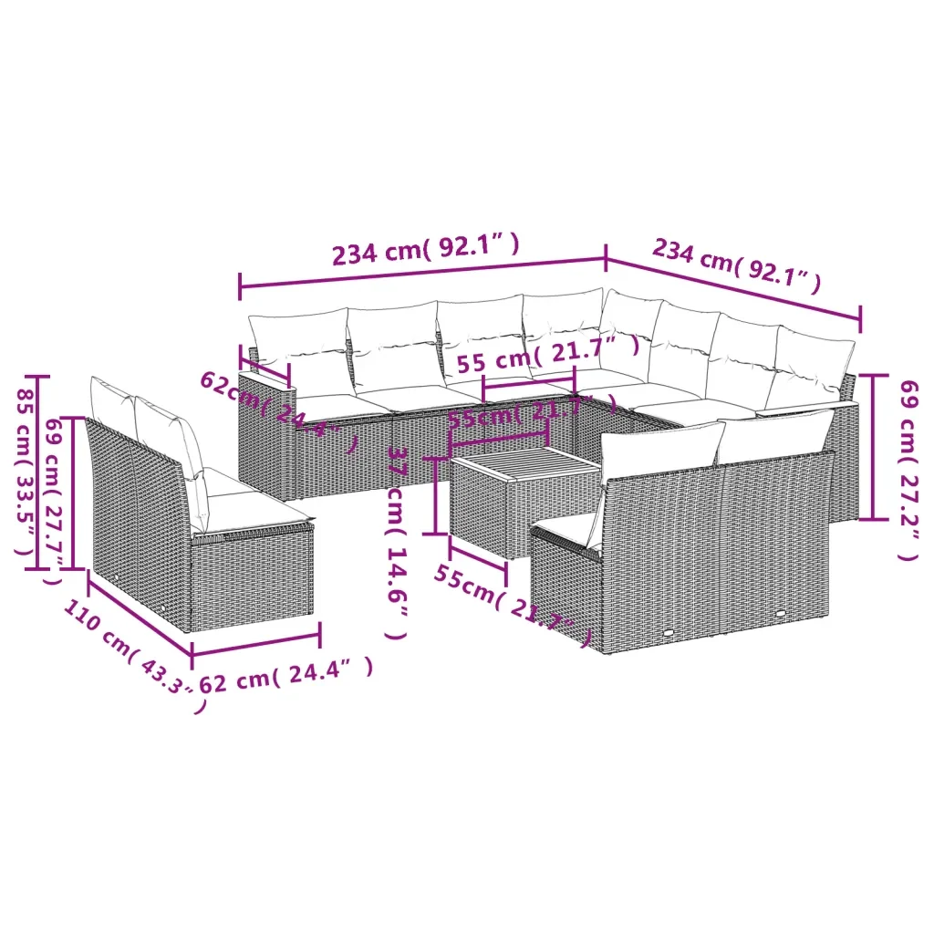 Set Divani da Giardino 12 pz con Cuscini Grigio in Polyrattan 3226095 - Image 8