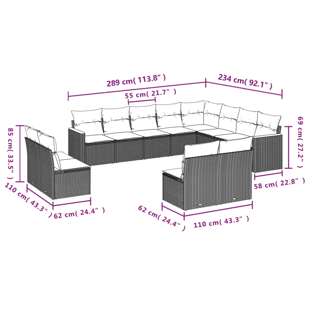 Set Divani da Giardino 12 pz con Cuscini Grigio in Polyrattan 3226473 - Image 7