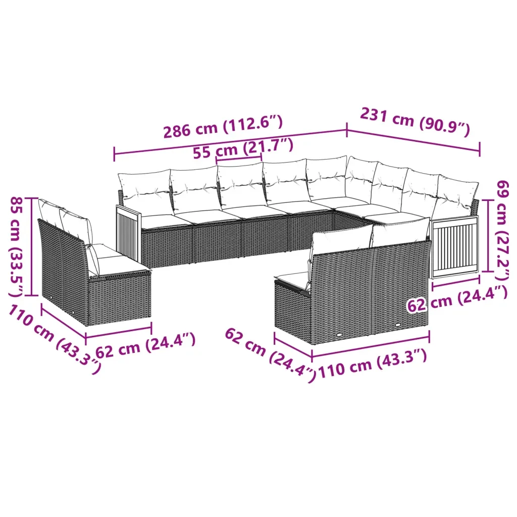 Set Divani da Giardino 12 pz con Cuscini Grigio in Polyrattan 3228153 - Image 7