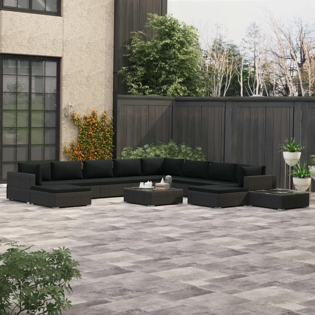 Set Divani da Giardino 12 pz con Cuscini in Polyrattan Nero 46764