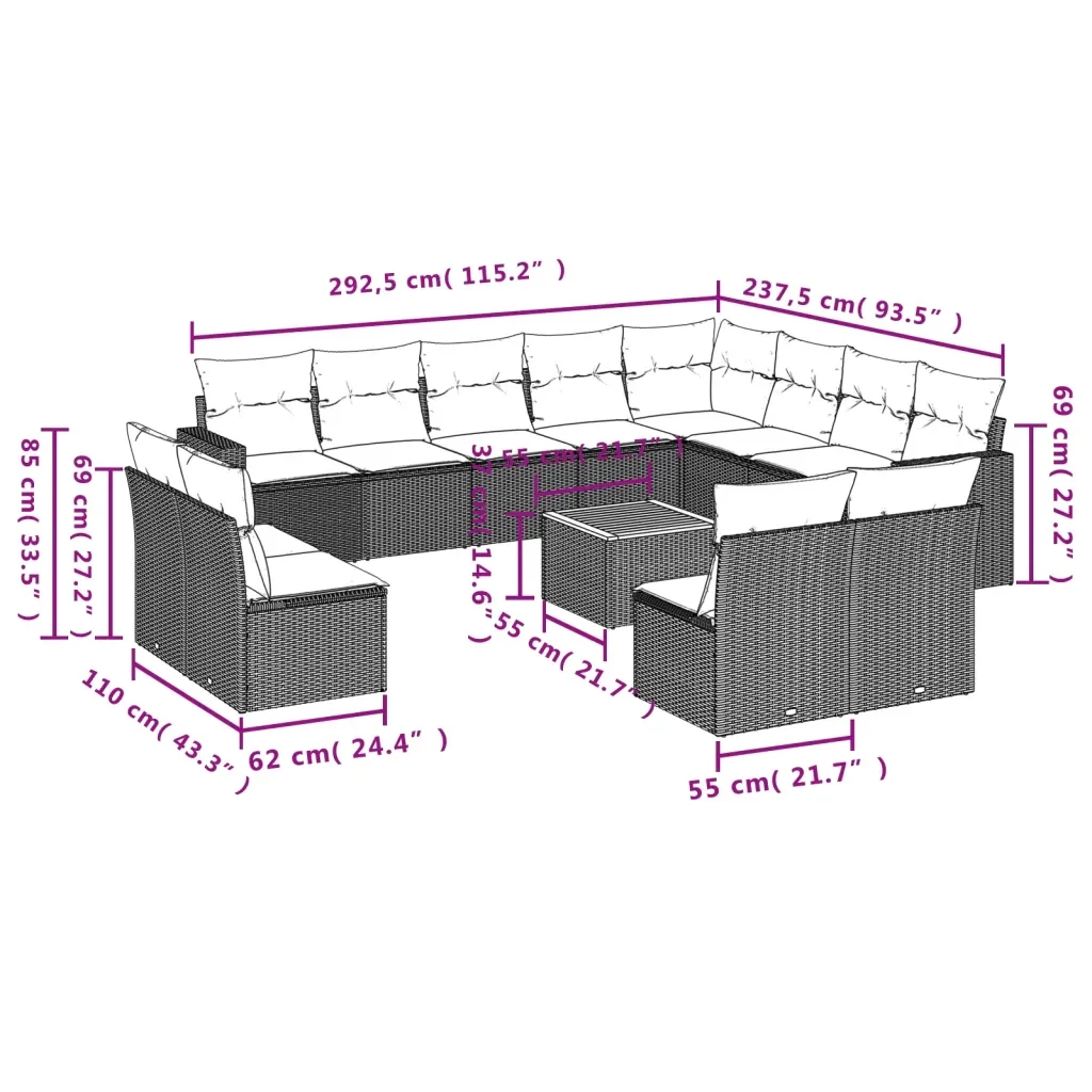 Set Divani da Giardino 13 pz con Cuscini Grigio in Polyrattan 3224373 - Image 3