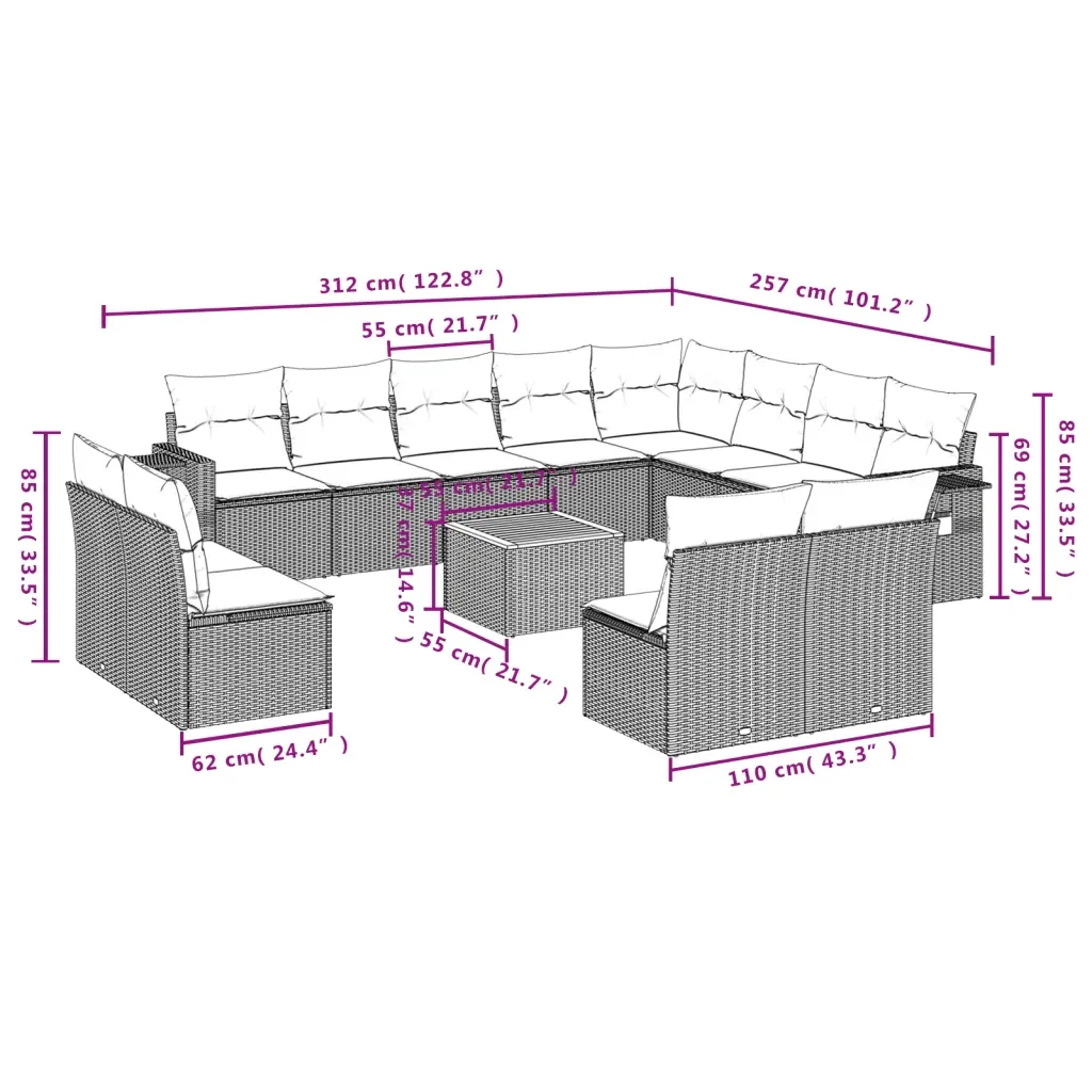 Set Divani da Giardino 13 pz con Cuscini Grigio in Polyrattan 3224814 - Image 9
