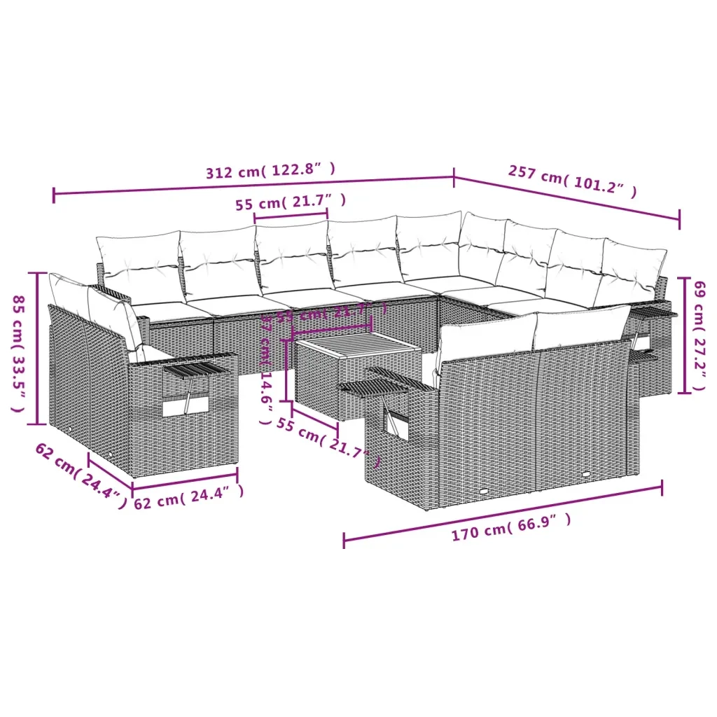 Set Divani da Giardino 13 pz con Cuscini Grigio in Polyrattan 3224835 - Image 9