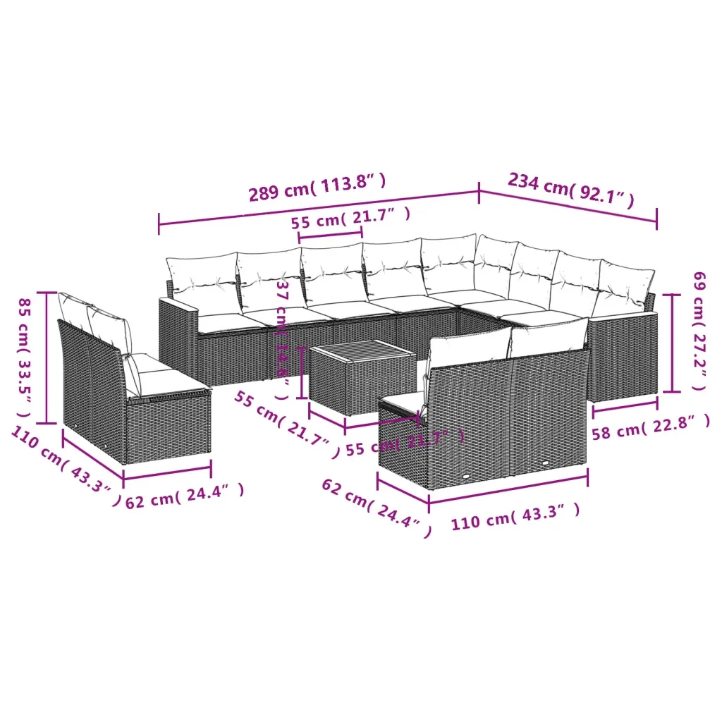 Set Divani da Giardino 13 pz con Cuscini Grigio in Polyrattan 3226480 - Image 8