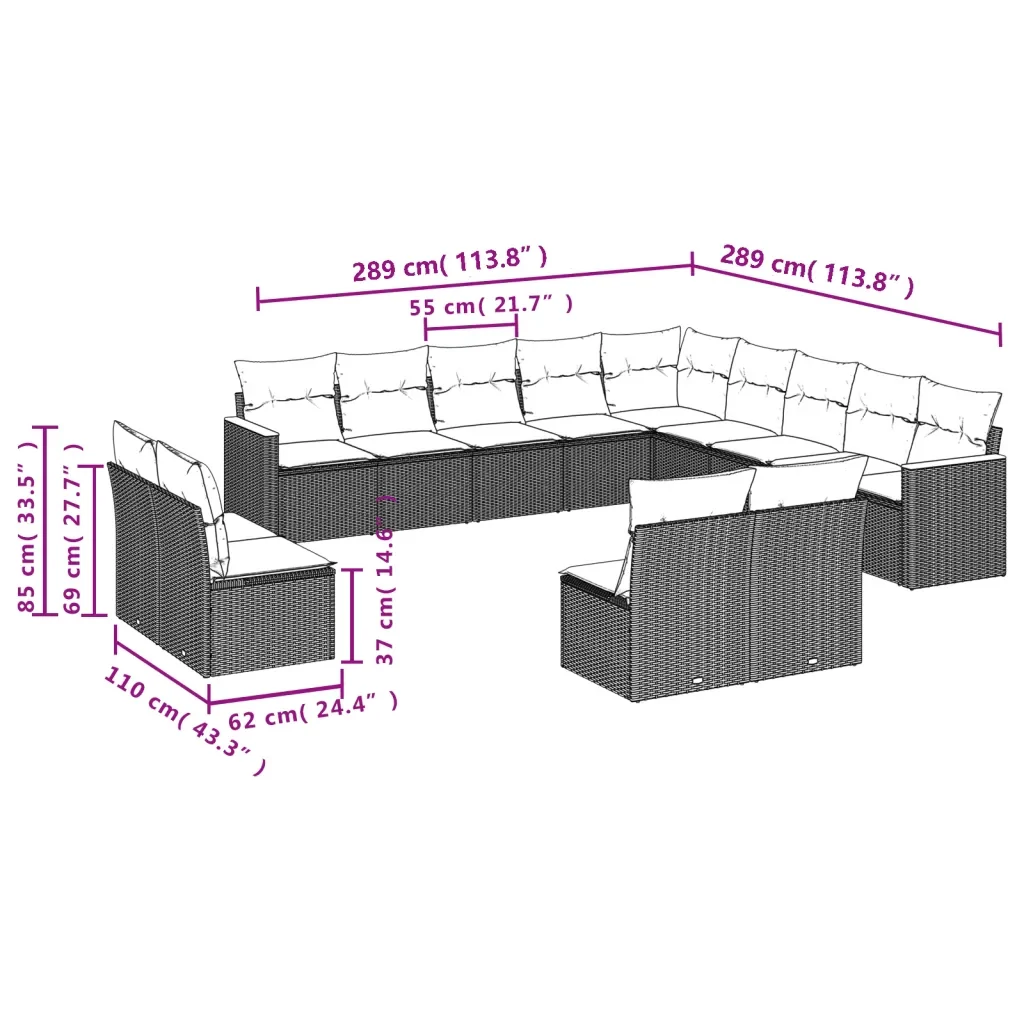 Set Divani da Giardino 13 pz con Cuscini Grigio in Polyrattan 3226487 - Image 7