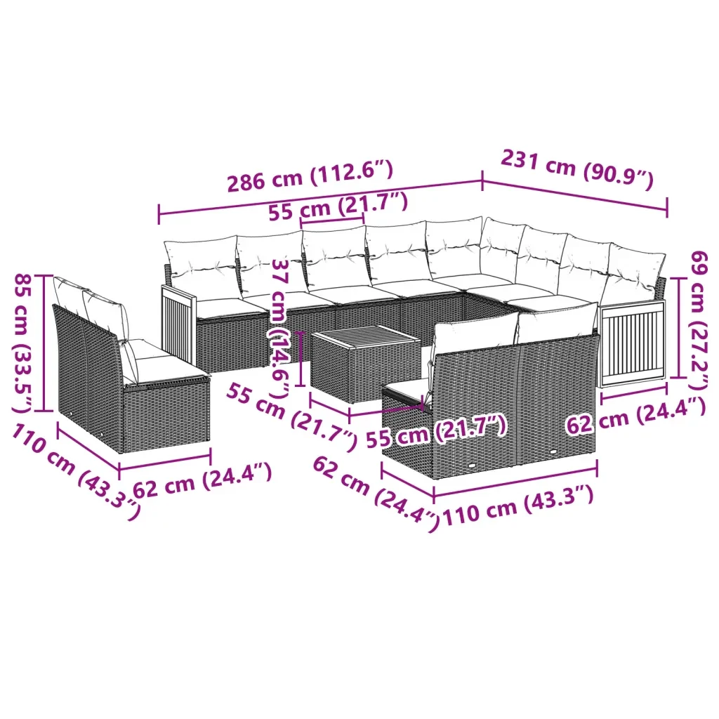 Set Divani da Giardino 13 pz con Cuscini Grigio in Polyrattan 3228160 - Image 8