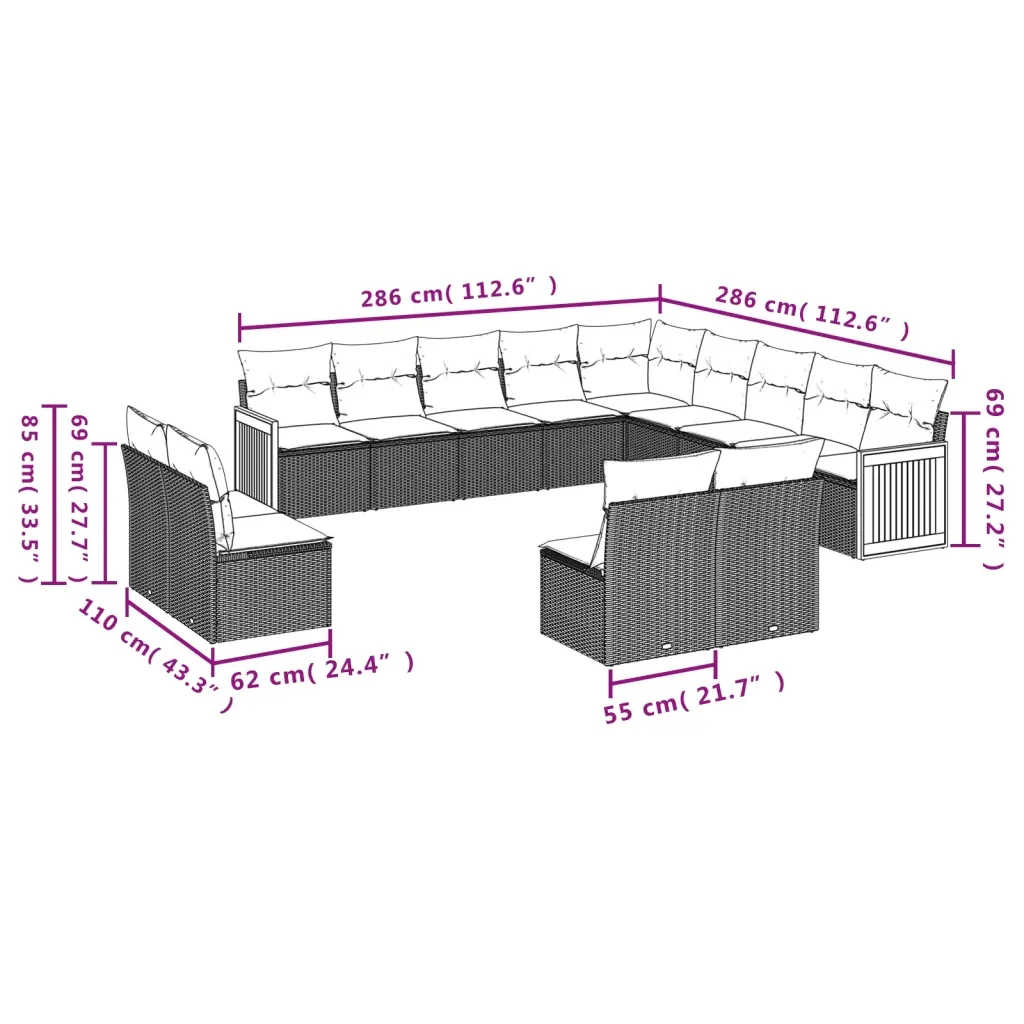 Set Divani da Giardino 13 pz con Cuscini Grigio in Polyrattan 3228167 - Image 7