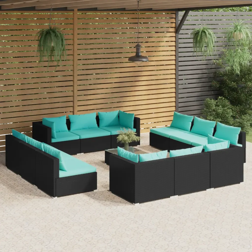 Set Divani da Giardino 13 pz con Cuscini in Polyrattan Nero 3101593