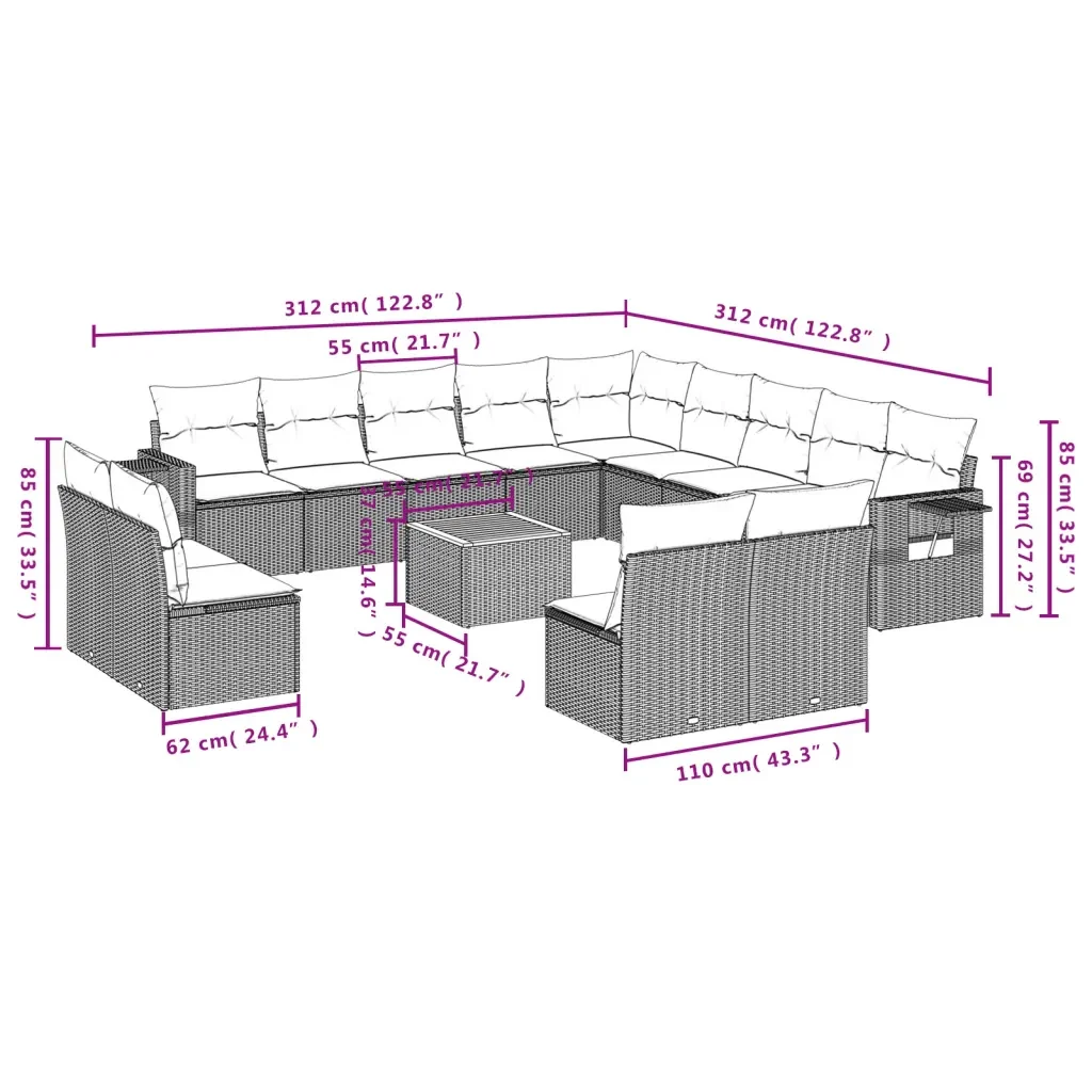 Set Divani da Giardino 14pz con Cuscini in Polyrattan Grigio 3224821 - Image 9