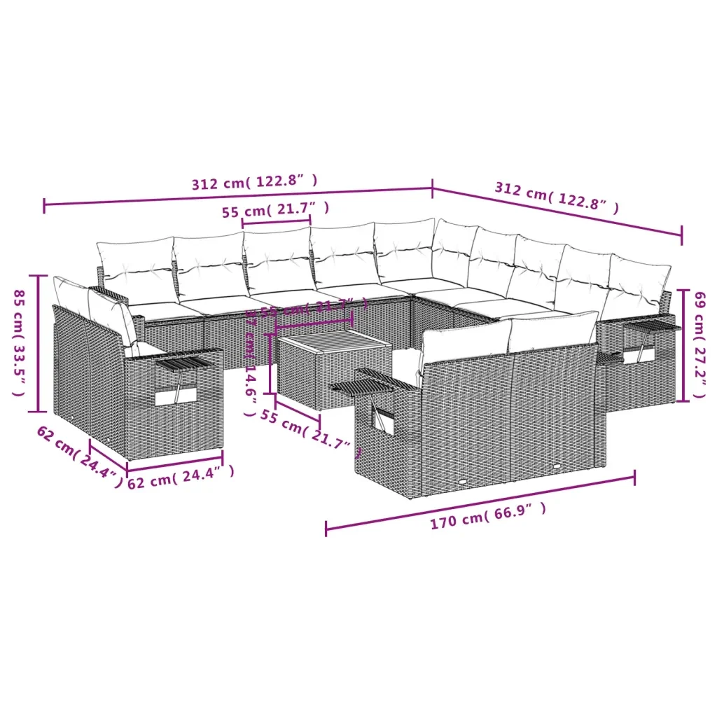 Set Divani da Giardino 14pz con Cuscini in Polyrattan Grigio 3224842 - Image 9