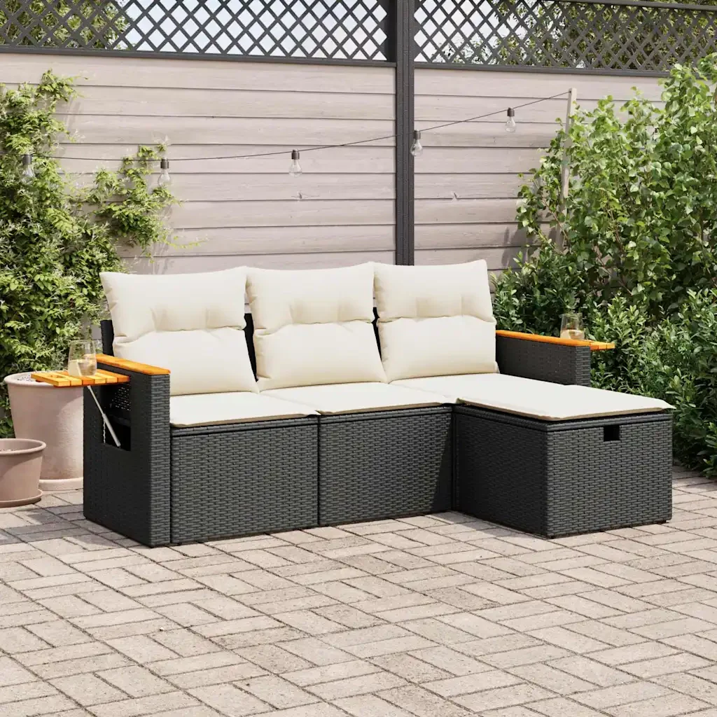 Set Divani da Giardino 4 pz con Cuscini Nero in Polyrattan 3325948