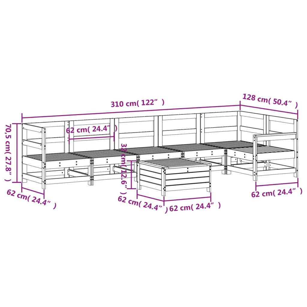 Set Divani da Giardino 7 pz Bianco in Legno Massello di Pino - Image 10