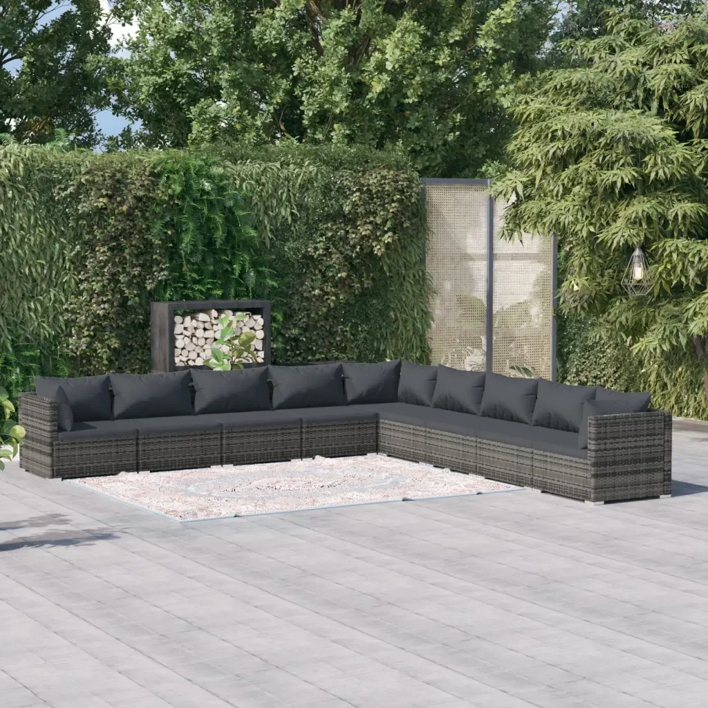 Set Divani da Giardino 9 pz con Cuscini in Polyrattan Grigio 3101789