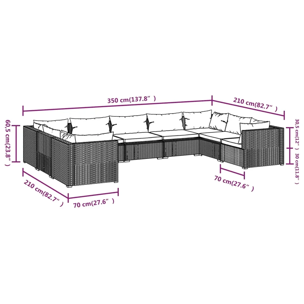 Set Divani da Giardino 9 pz con Cuscini in Polyrattan Nero 3101969 - Image 7