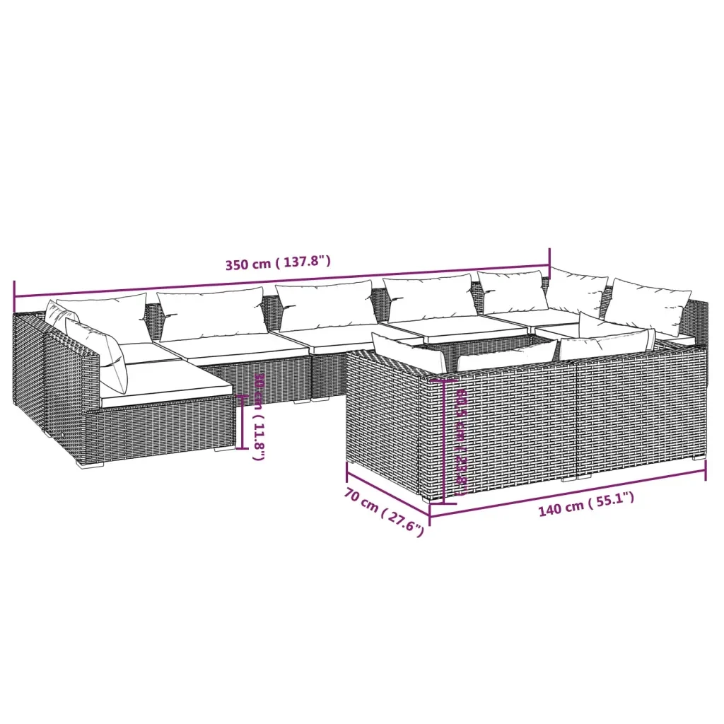 Set Divani da Giardino 9 pz con Cuscini in Polyrattan Nero 3102057 - Image 7