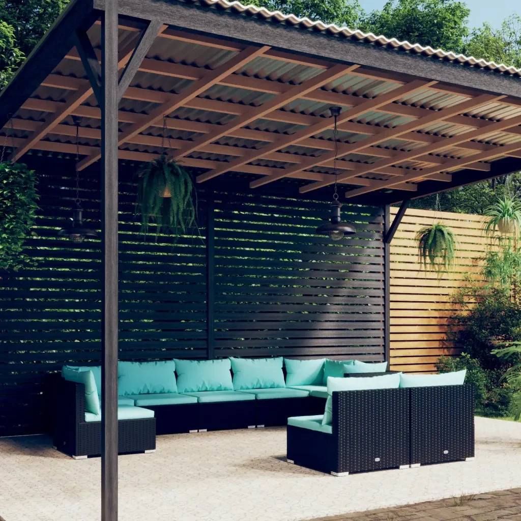 Set Divani da Giardino 9 pz con Cuscini in Polyrattan Nero 3102561