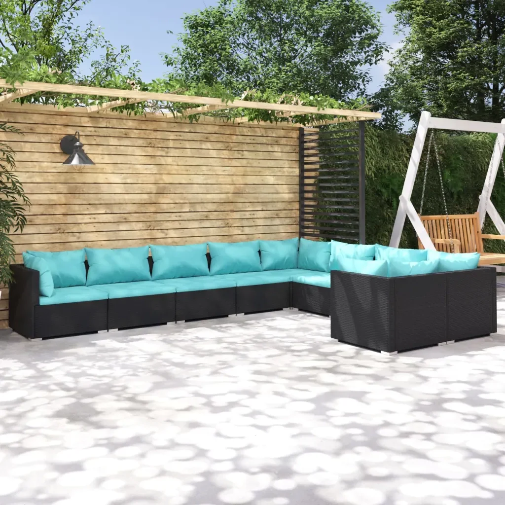 Set Divani da Giardino 9 pz con Cuscini in Polyrattan Nero 3102761