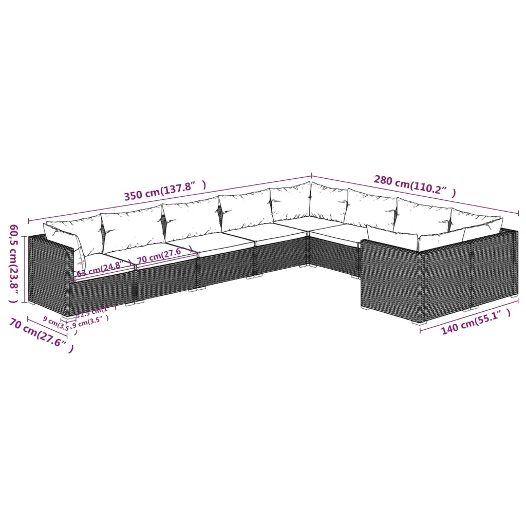 Set Divani da Giardino 9 pz con Cuscini in Polyrattan Nero 3102761 - Image 7