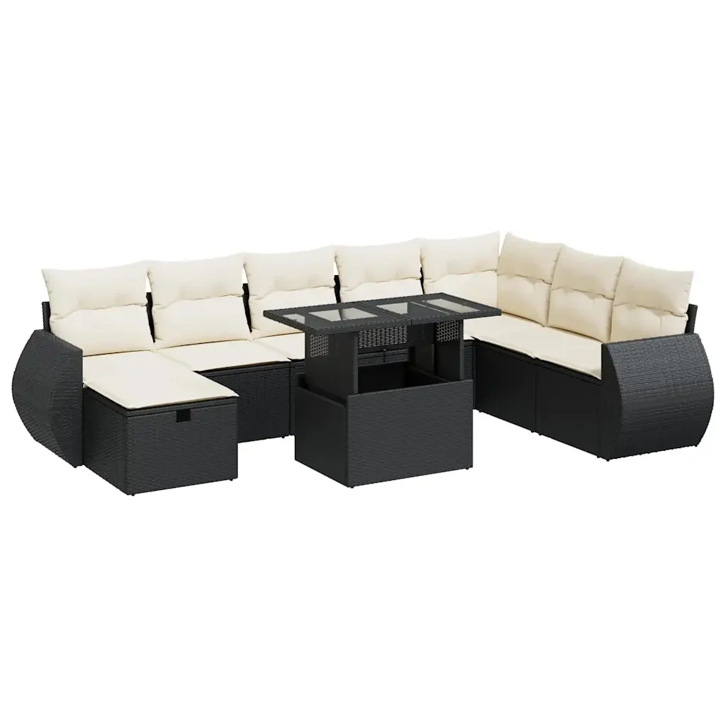 Set Divani da Giardino 9 pz con Cuscini Nero in Polyrattan - Image 2