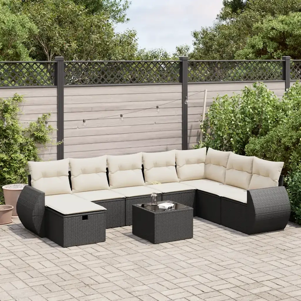 Set Divani da Giardino 9 pz con Cuscini Nero in Polyrattan