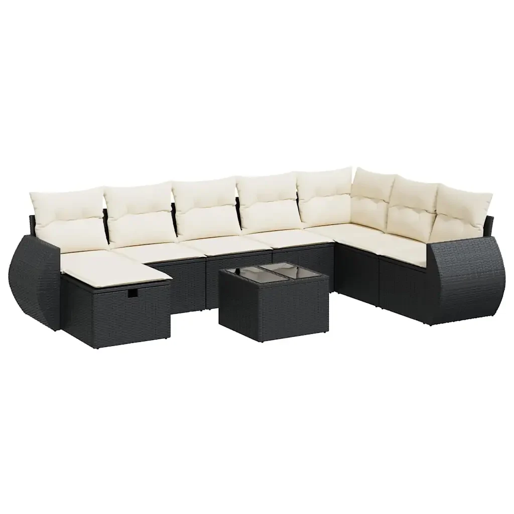 Set Divani da Giardino 9 pz con Cuscini Nero in Polyrattan - Image 2