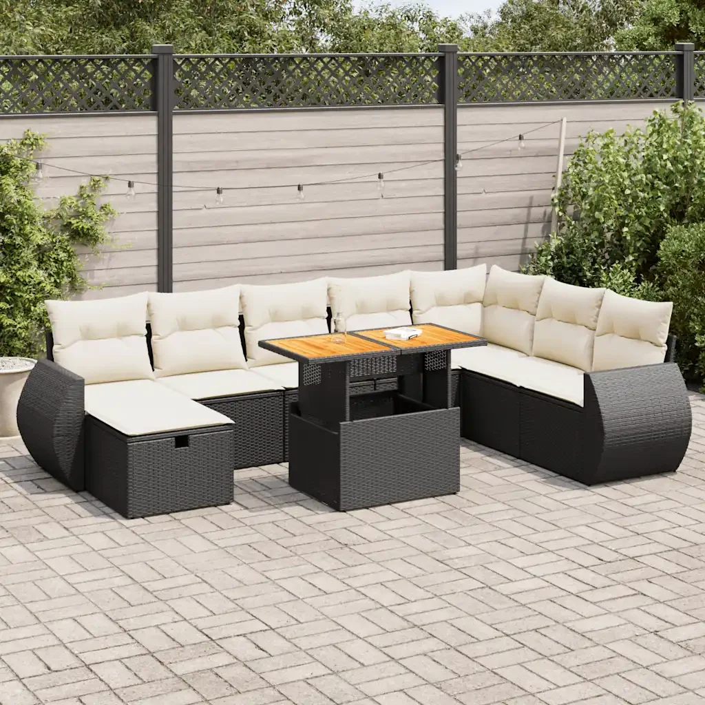 Set Divani da Giardino 9 pz con Cuscini Nero Polyrattan Acacia 3328071