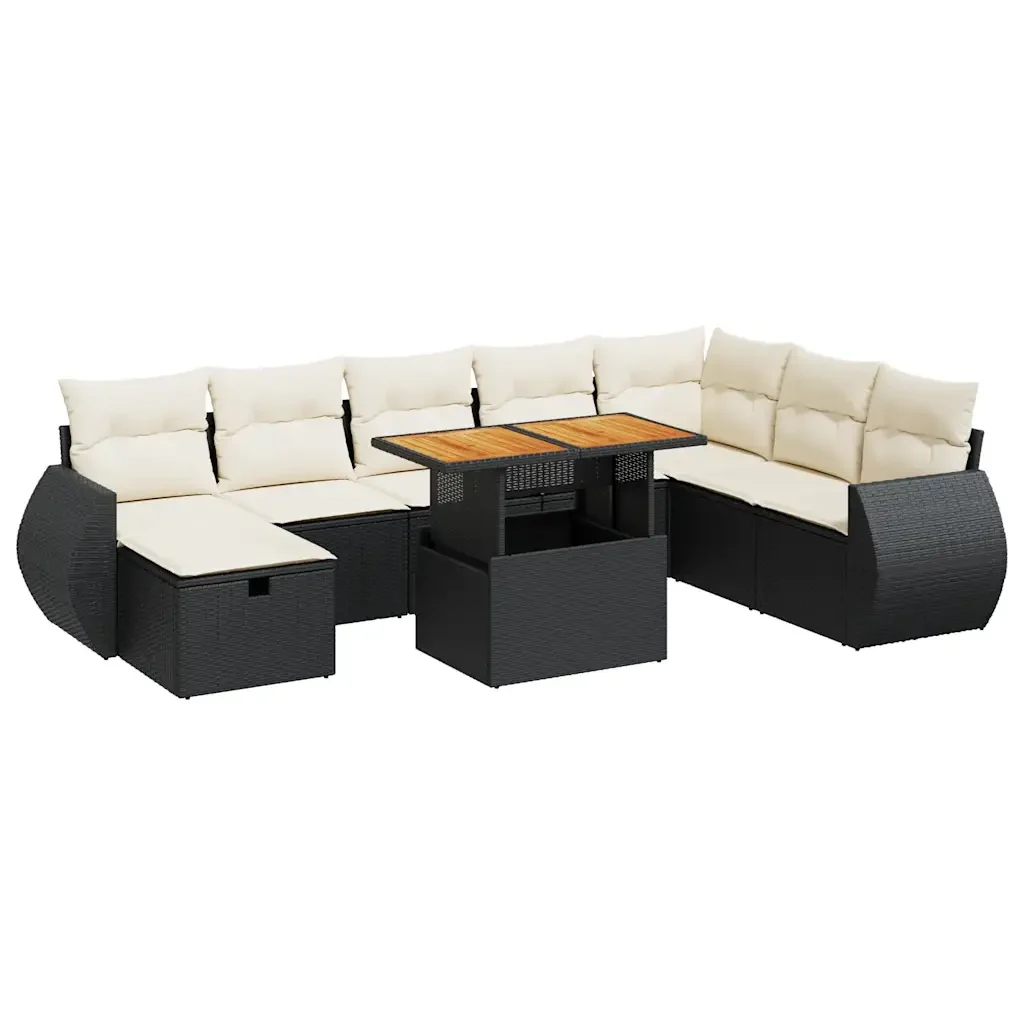 Set Divani da Giardino 9 pz con Cuscini Nero Polyrattan Acacia 3328071 - Image 2