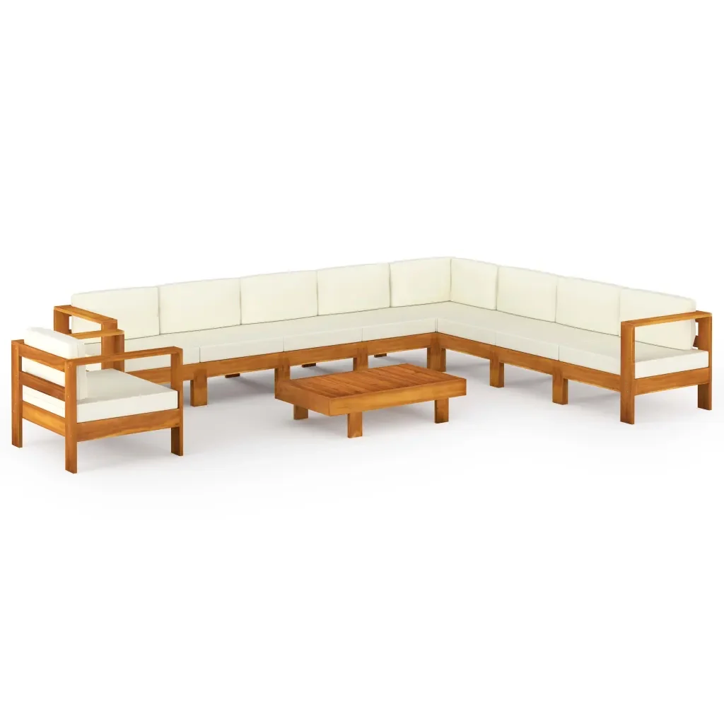 Set Divani Giardino 10 pz Cuscini Bianco Crema Legno d'Acacia cod mxl 41690 - Image 2