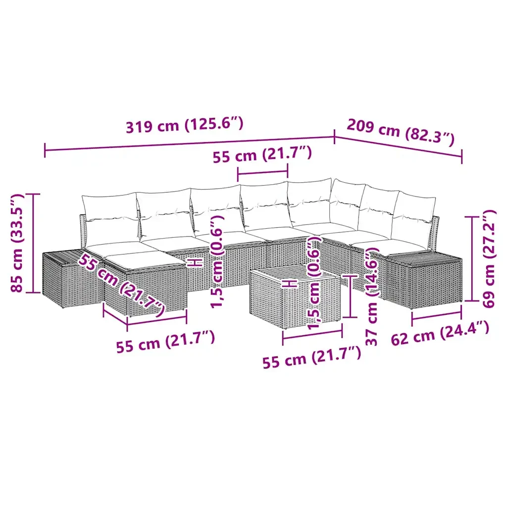 Set Divano da Giardino con cuscino 9 pcs Grigio polyrattan 3347993 - Image 10