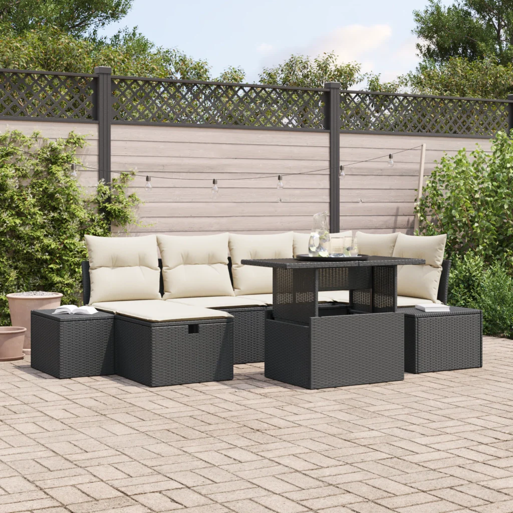 Set Divani Giardino a 7 Pezzi con Cuscini Neri in Polyrattan